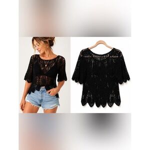 Hand Crocheted Black Open Knit Tunic Cover Up Top Boho Festival One Size